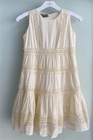 7-14 Yaş Dantelli Fistolu Elbise Ekru