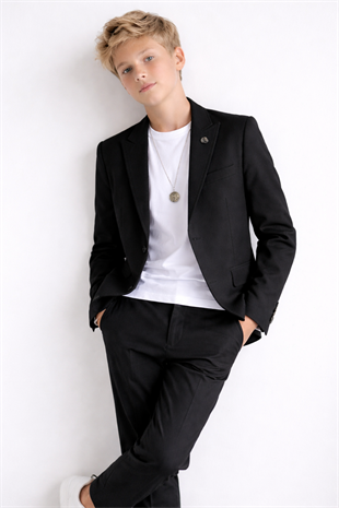 3-14 Yaş Oscar Tişörtlü Kolyeli Erkek Çocuk Takım Elbise Mezuniyet Siyah