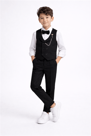 Smart Katlamalı Yelekli Çocuk Takım Elbise Siyah