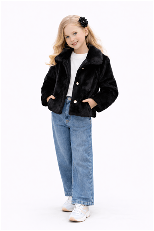 3-10 Yaş Kürk Ceketli Kotlu 3lü Kız Takım Siyah