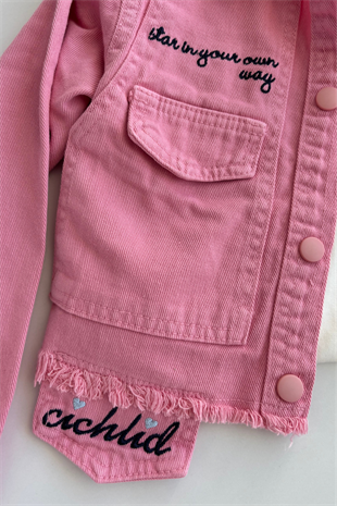 4-8 Yaş Yıldız Nakışlı Ceketli Gabardin 3lü Kız Çocuk Takım Pembe