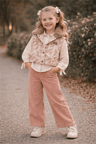 3-6 Premium Yaş Kürk Yakalı Yelekli Kot Pantolonlu 3lü Kız Takım Pudra