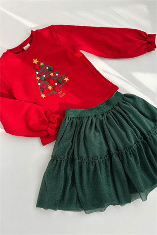 4-8 Yaş Yeniyıl Ağaç Desen Etekli Kız Çocuk Takım Kırmızı