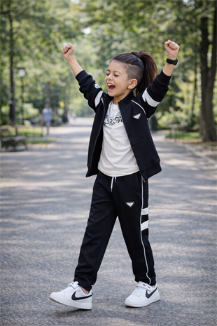 5-14 Yaş PR Biyeli Ceketli Erkek Çocuk Eşofman Takımı Siyah