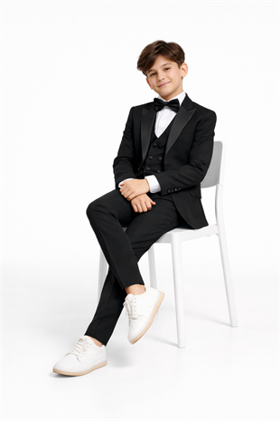 3-14 Yaş Saten Yaka Erkek Çocuk Takım Elbise Mezuniyet Siyah