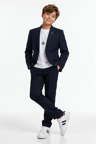 3-14 Yaş Oscar Tişörtlü Kolyeli Erkek Çocuk Takım Elbise Mezuniyet Lacivert