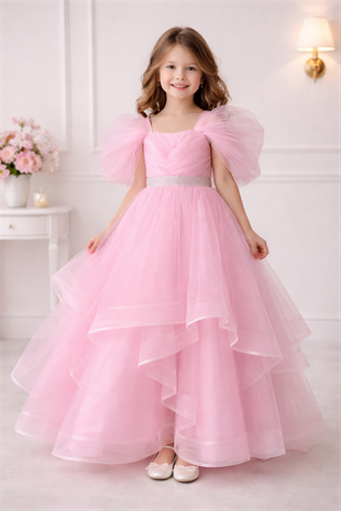 5-10 Yaş Lisa Beli Taş Detaylı Kat Kat Kız Çocuk Abiye Elbise Pembe