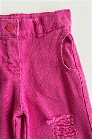 3-14 Yaş Kelebek Armalı Kot Pantolonlu Kız Takım Pembe