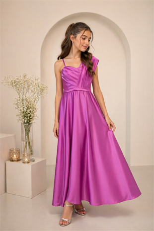 10-15 Tuana Çapraz Askı Detay Uzun Kız Çocuk Abiye Elbise Macenta