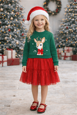 4-7 Yaş Geyik Detay Yeni yıl Elbise Kırmızı