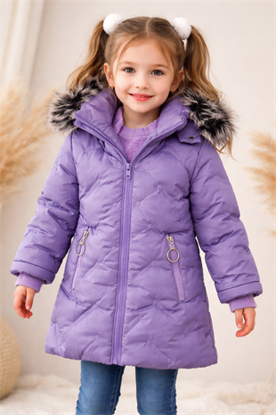 Kürk Kapüşonlu Uzun Kız Çocuk Mont Lila