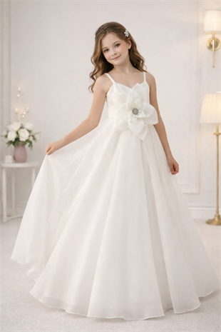 3-12 Yaş Sindy Önü Gül Detay Kız Çocuk Gelinlik Krem