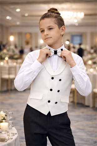 Lord Katlamalı Rozetli Çocuk Takım Elbise Beyaz