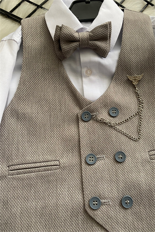 Zincir Detay Çift Düğmeli Erkek Çocuk Takım Elbise Gri