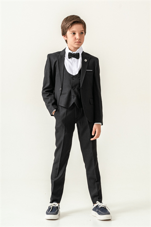 Premium Seri Mendilli Yelekli Ceketli Çocuk Takım Elbise Siyah