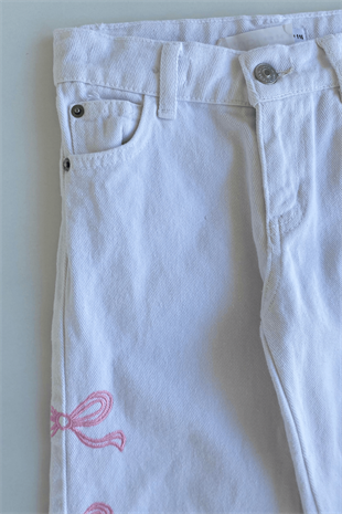 5-12 Yaş Kurdela Nakışlı Kız Çocuk Kot Pantolon Beyaz