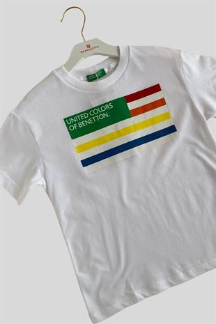 6-14 Yaş Benetton Renk Şeritli Yazı Baskı Erkek Çocuk Tişört