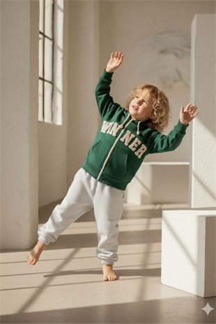 2-10 Yaş Winter Fermuarlı Sweat Erkek Çocuk Takım Yeşil