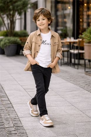 6-10 Yaş Mrx Kolları Katlamalı Gömlek Tişört Kot Erkek Çocuk Takım Camel