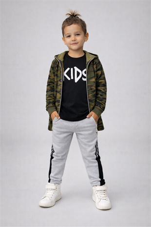 Kids Kamuflaj Kapüşonlu Ceketli 3lü Erkek Çocuk Takım