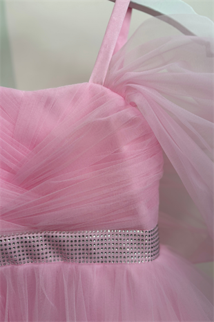 5-10 Yaş Lisa Beli Taş Detaylı Kat Kat Kız Çocuk Abiye Elbise Pembe