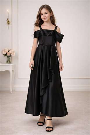 10-15 Yaş Vals yırtmaç Detay Kız Çocuk Uzun Abiye Elbise Siyah