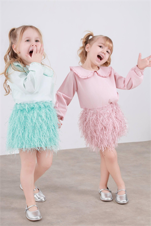 2-8 Yaş Etekleri Püsküllü Kız Çocuk Takım Pudra