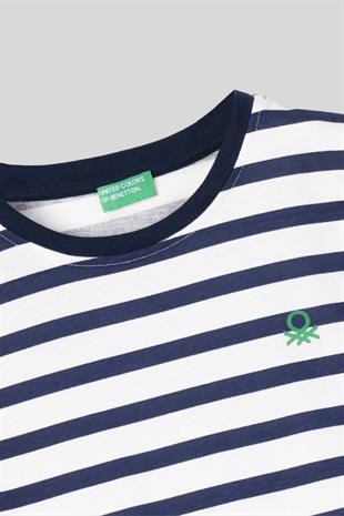 4-14 Yaş Benetton Bisiklet Yaka Çizgili Erkek Çocuk Tshirt Lacivert