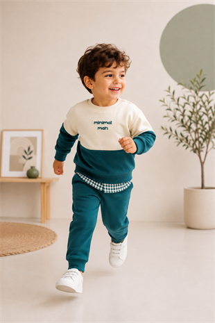 6 Ay - 6 Yaş Minimal Man Pötikare Detay Erkek Çocuk Takım Yeşil