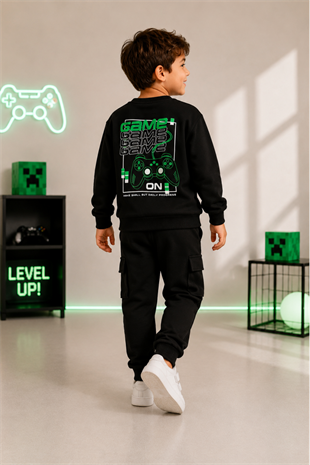 7-10 Yaş Kargo Pantolonlu Game Erkek Çocuk Eşofman Takımı Siyah