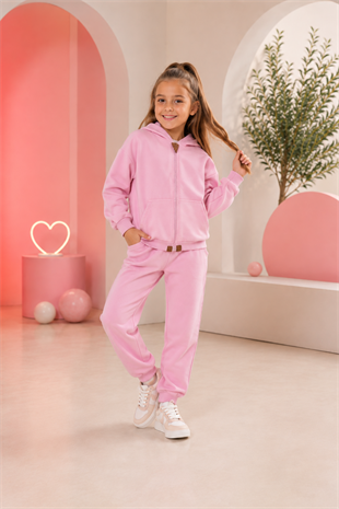 6-10 Yaş Kanguru Cepli Fermuarlı Kapüşonlu Çocuk Takım Unisex Pembe