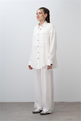 9-15 Yaş Kemer Detay 3lü Müslin Kız Takım Ekru