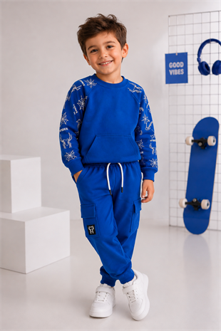 7-10 Yaş Kolları Ağ Desen Çocuk Eşofman Takımı Mavi