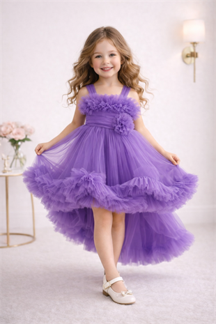 9 Ay - 5 Yaş Lolita Kuyruklu Askılı Kız Çocuk Abiye Elbise Lila