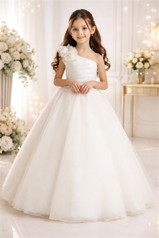 2-11 Yaş Tek Omuz Gül Detay Gelinlik Ekru