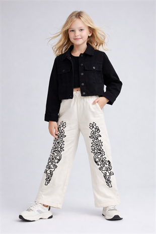 3-12 Yaş Nakış Pantolonlu Gabardin Ceketli Kız Çocuk Takım Siyah