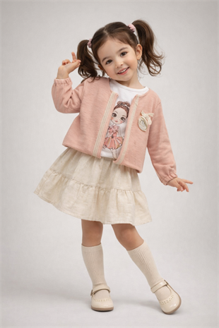 1-4 Yaş Rose Triko Hırkalı Keten Etekli Takım Pembe