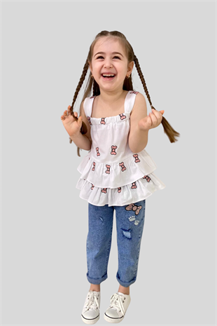 3-10 Yaş Fiyonk Detay Bluz ve Kot Pantolon Seti