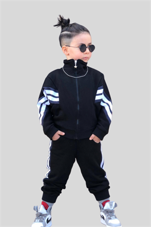 Şerit Detay Unisex Çocuk Eşofman Takımı Siyah