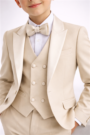 3-14 Yaş Saten Yaka Erkek Çocuk Takım Elbise Mezuniyet Bej