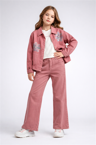 9-14 Yaş Çiçek Boncuk Aplikeli Ceketli Gabardin  Kız Çocuk Takım Gül Kurusu