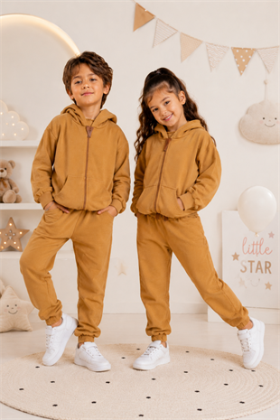 6-10 Yaş Kanguru Cepli Fermuarlı Kapüşonlu Çocuk Takım Unisex Hardal