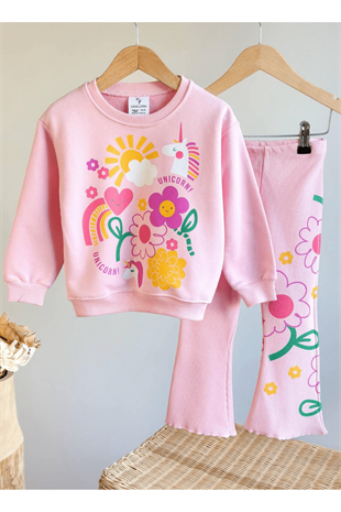 2-8 Unicorn Desenli İspanyol Taytlı Kız Çocuk Takım Pembe