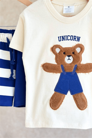 2-8 Yaş Ayıcıklı Çizgi Şortlu Erkek Çocuk Takım Mavi Kardeş Kombini