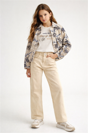 8-12 Yaş Nakış Yaprak Desenli Kız Çocuk Takım Krem