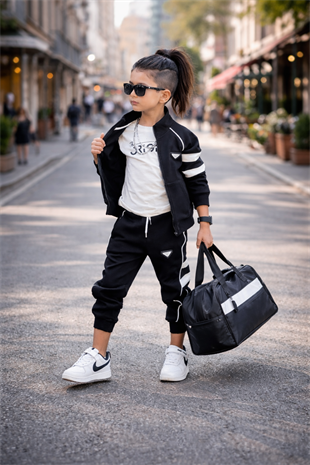 5-14 Yaş PR Biyeli Ceketli Erkek Çocuk Eşofman Takımı Siyah