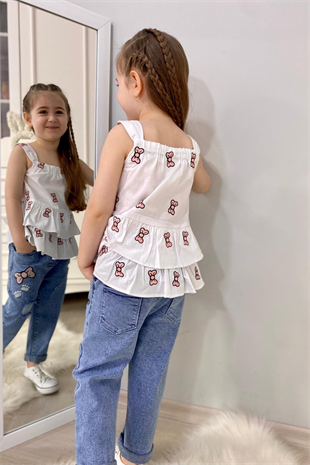 3-10 Yaş Fiyonk Detay Bluz ve Kot Pantolon Seti