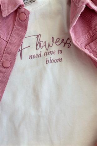 4-8 Yaş Kolları Nakışlı Ceketli Gabardin 3lü Kız Çocuk Takım Gül Kurusu