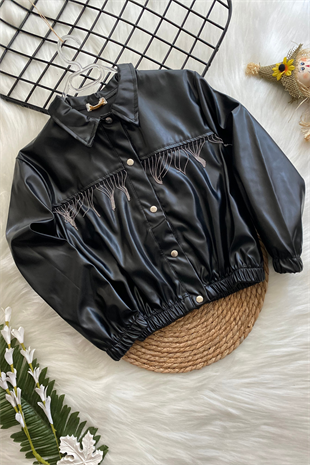 Zincir Detay Çıtçıtlı Kız Çocuk Deri Ceket