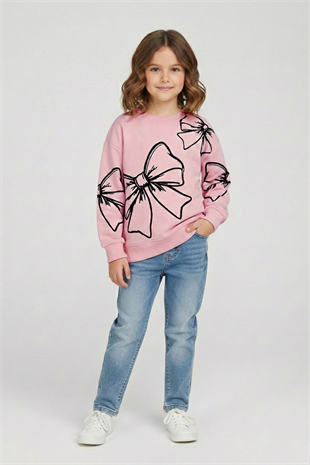 4-9 Yaş Büyük Fiyonklu Baskılı Kız Çocuk Sweat Pembe